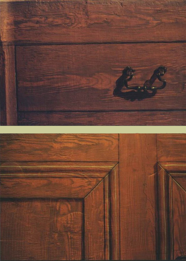 Mural: Two details of painted wood cabinets & painted brass drawer handle.