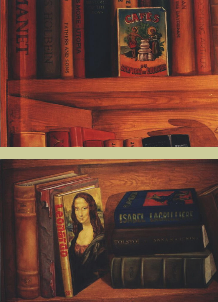 Mural: Two details showing an old postcard, an invented book about Leonardo with the Mona Lisa painted in a false perspective that I found very challenging indeed! On the stack next to it an invented book of Flamenco dance with my girlfriend, a flamenco dancer, on its cover.