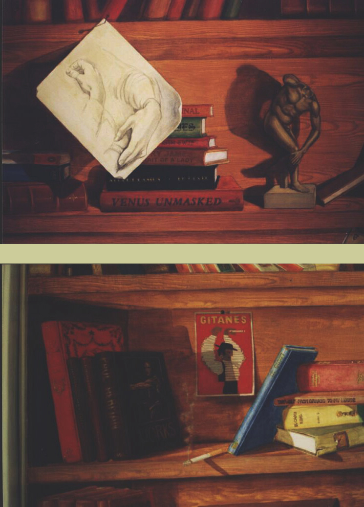 Mural: Two details of shelves. On the lower one, a book dedicated to Paul Herman with a self-portrait on the cover & a burning cigarette left on the shelf. 