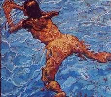 Painting, oil on canvas- Isabel swimming. 80 x 120 cm