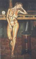 Painting, oil on canvas- Isabel with stove. 70 x 35 cm