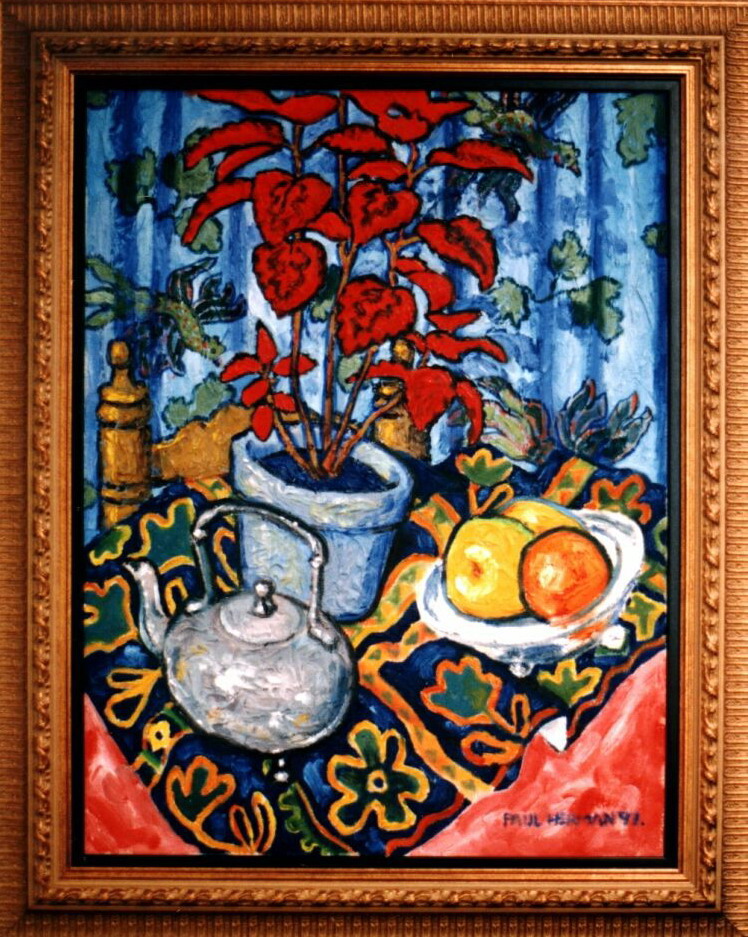 Painting, oils on canvas. Still life with teapot & red plant. 
