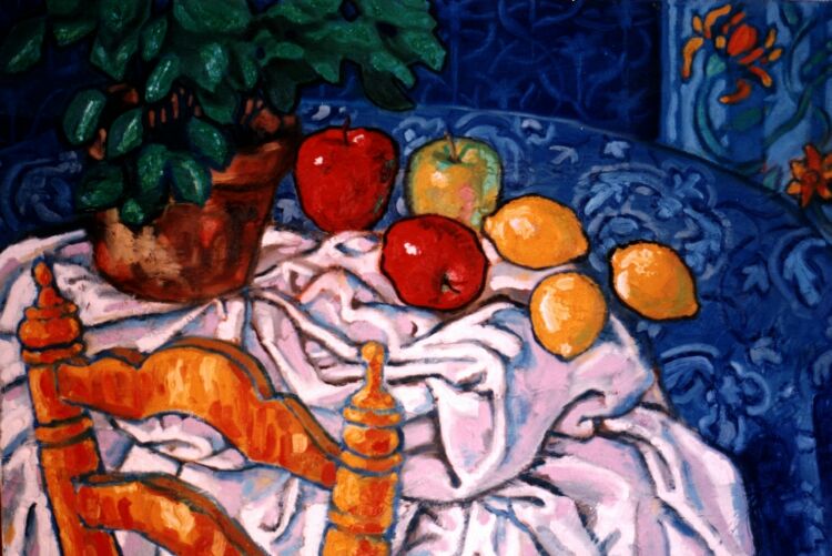 Painting, oils on canvas. Still life on blue tablecloth. 50 x 80 cm (20 x 32 in) 