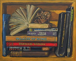 Bookshelf IV with antique Burmese monkey skull- oil on panel 8 x 10 inches