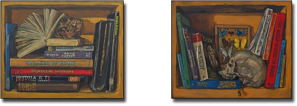 Two small bookshelf still lifes by the artist. Oils on panel 8 x 10 inches (20 x 25 cm)