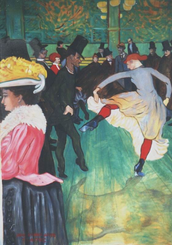 Painting, oils on canvas. Toulouse Lautrec- Dance at the Moulin Rouge. Re-composed for the vertical dimensions the client required. In the last image, the same painting re-composed only slightly for a client with other size requirements. 