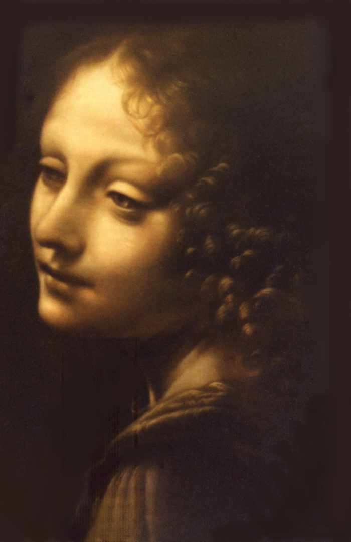 Painting, pastel on paper. A detail from Leonardo da Vinci's 'Madonna of the Rocks' at the National gallery in London. 