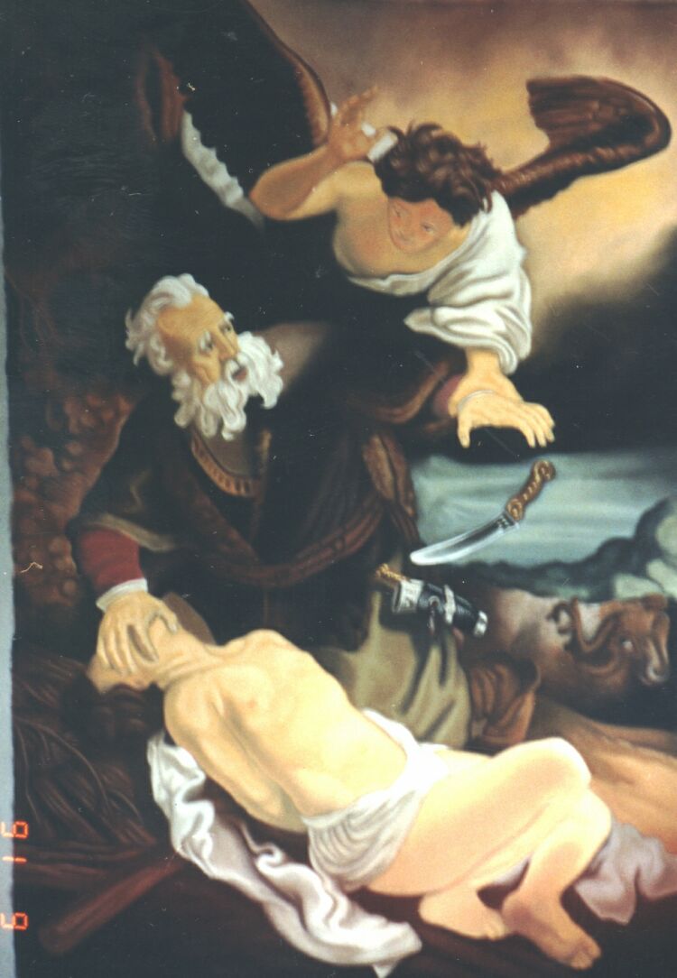 Painting, pastel on paper. Early Rembrandt, Abraham sacrificing his son. 