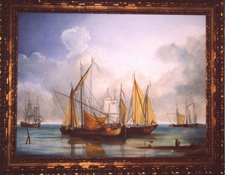 Painting, oils on canvas. 18th century English shipyard. 