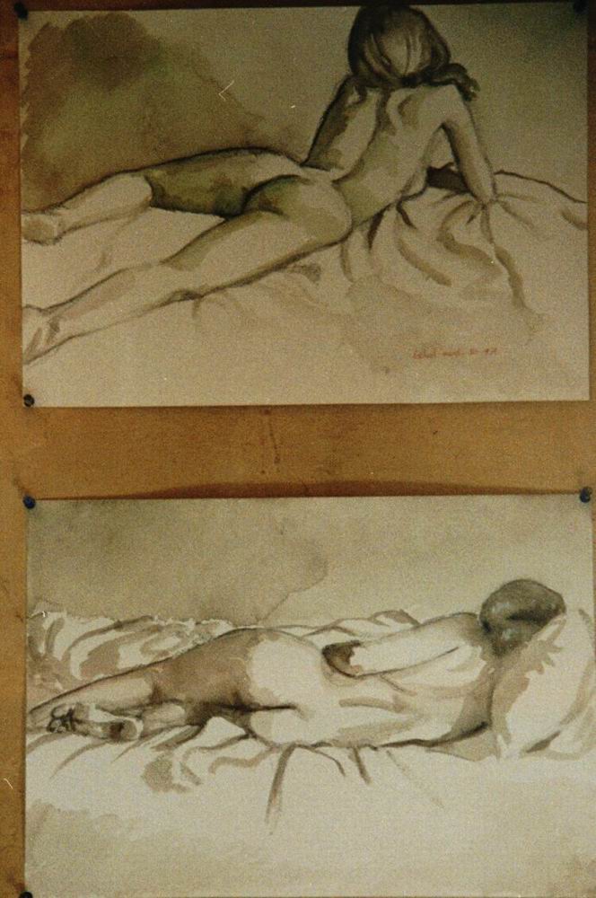 Drawings with watercolour wash on paper. Two drawings of Isabel, the one on top, watching television, inspired the painting on the 'Nudes' page. Each 32cm x 46cm (13in x 18in)