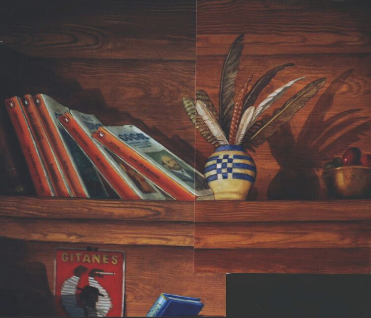 Mural: Another detail, upper shelf with feathers & Penguin Modern Classics.