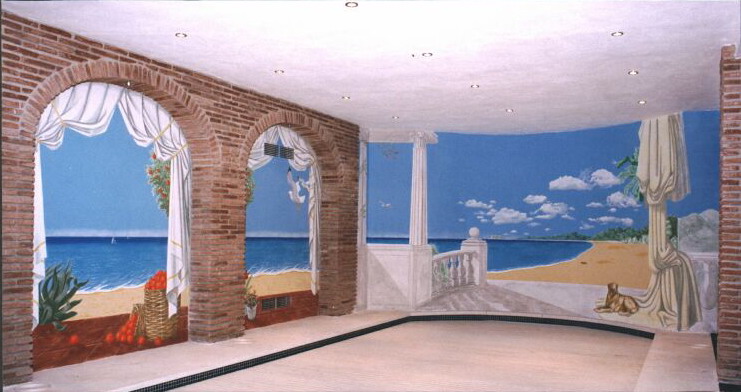 Mural: Painted in acrylic paints on the walls surrounding an indoor pool (with its cover rolled closed in this picture). In a windowless room this mural opened sunny views.