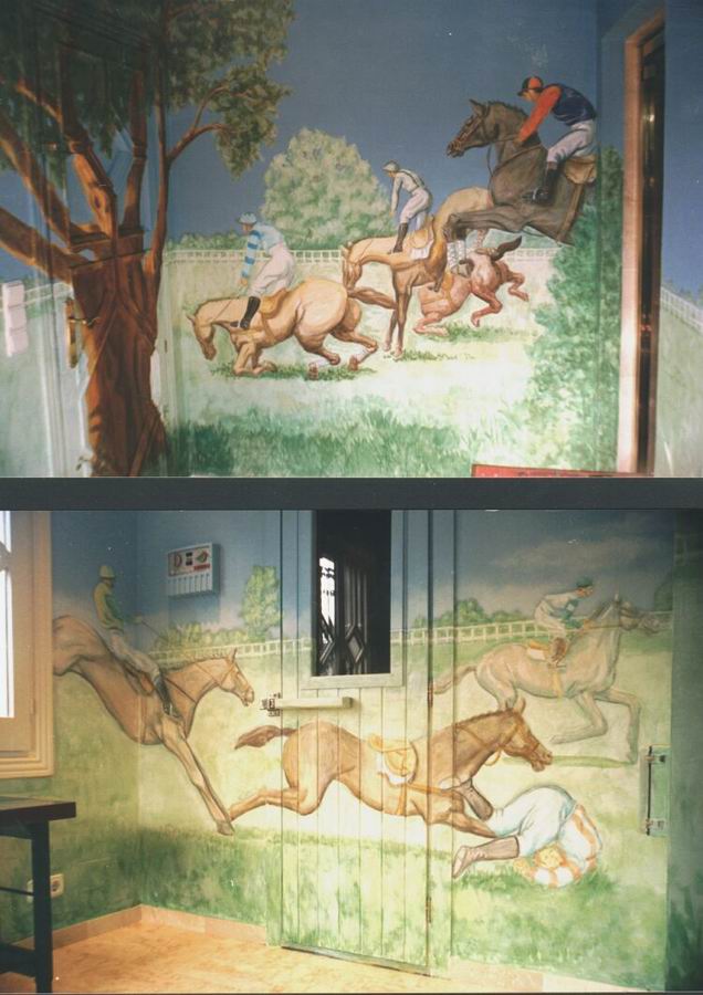 Mural: Two details of a wrap-around mural, all four walls & ceiling of a sauna room painted like a steeplechase.