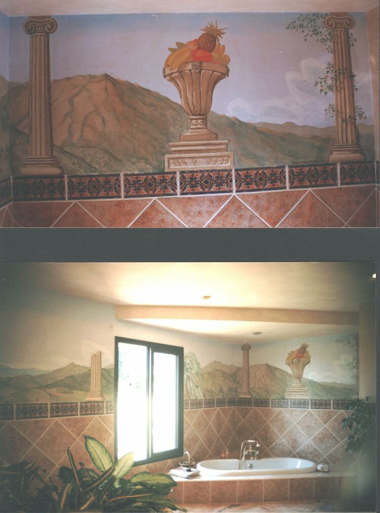 Mural: Two details of a wrap-around mural in a bathroom. The views are those that can actually be seen outside & if one stands in the right place to look out one of the windows the painted & real landscape merge seamlessly. 