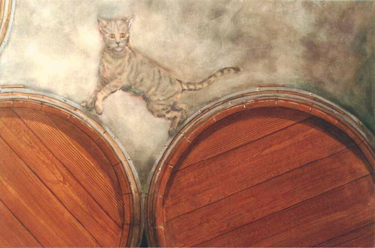 Mural: Detail of bodega, cat & painted casks.