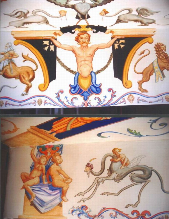 Mural: Two details of the grotesqueries.