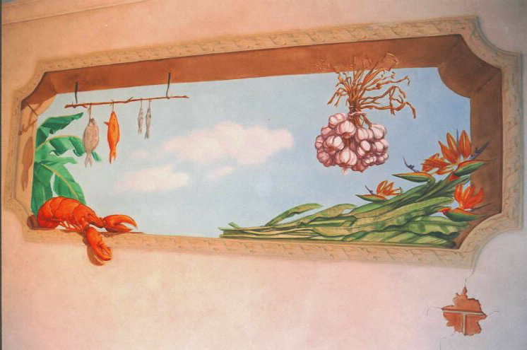 Mural, high windows painted with Mediterranean still life, on a kitchen wall that couldn't open real windows. 