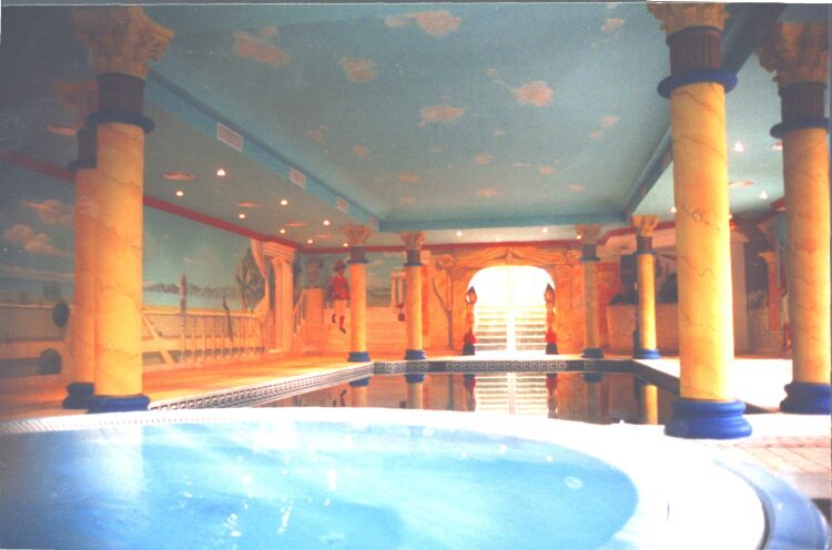 Mural: A huge wrap-around mural covering the walls, ceiling & columns of Rubin Saffro's indoor swimming pool. Painted in acrylics & oils & Protected from the humidity by a rock-hard & impermeable varnish developed by the U.S. military to protect bridges, & the likes, from exposure to bad weather.