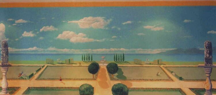 Mural: Detail of west wall of Mr Saffro's swimming pool mural. A view of Gibraltar over Italianate gardens.