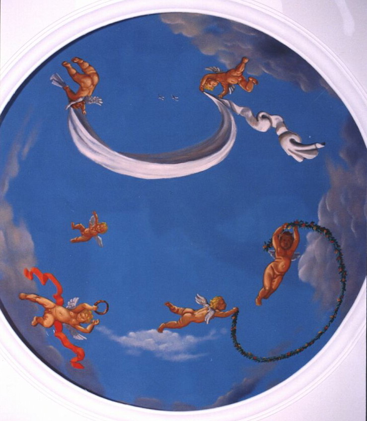 Mural: Angels painted in the domed recess in the ceiling of a bathroom.