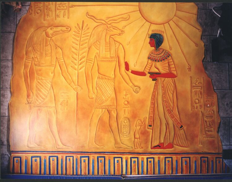 Mural: About two & a half metres wide, an egyptian theme on a wall painted to look like stone.