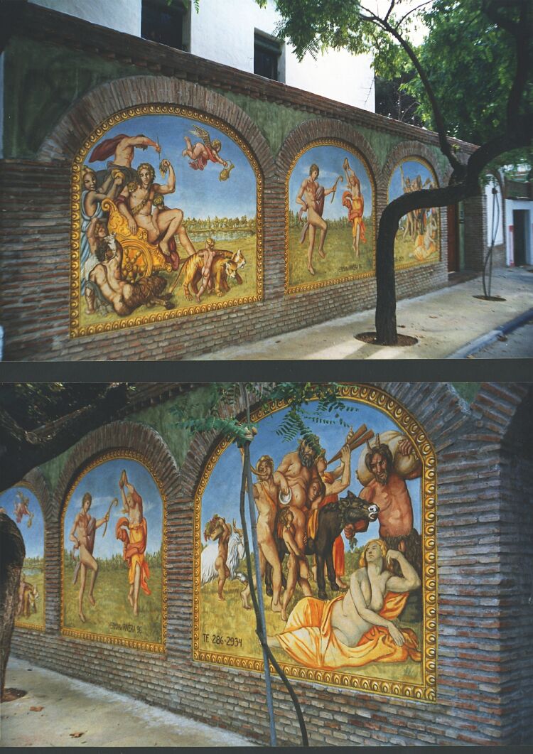 Mural: An outdoor mural painted in acrylics (unfaded after 8 years of Spanish sun) Bacchanal after the Farnese frescos in Rome.