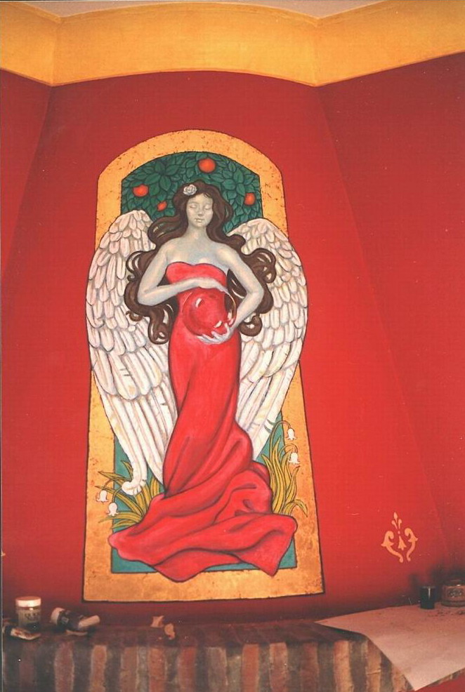 Mural: an accent mural painted on the plaster flue of a fireplace with a gold leaf border.