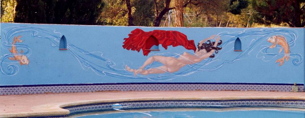 Mural: Painted in acrylics on a wall flanking an outdoor swimming pool.
