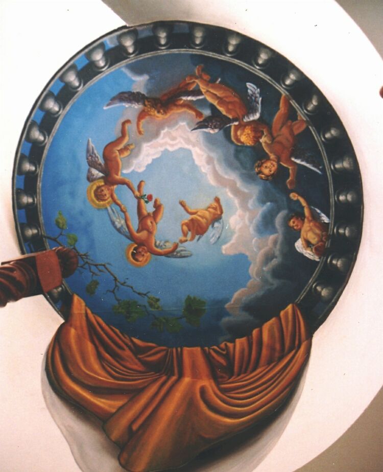 Mural: Angels painted on a round ceiling above a spiral staircase, three of the angels are portraits of the client's children. 