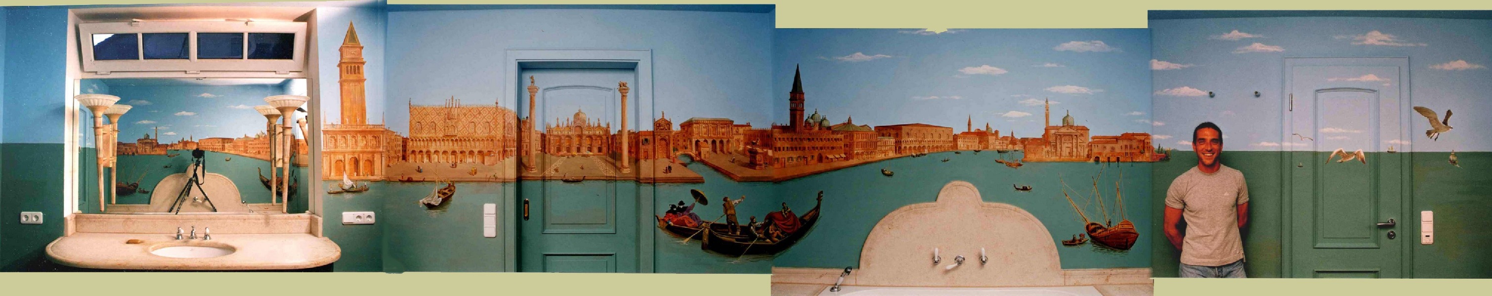 The four walls of this mural pieced together. Most of it is done with elements taken from various Canaletto paintings with some invented details. 