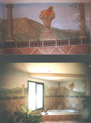 2 views of the wrap-around mural.