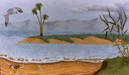 Mural: One of two seven foot wide landscapes painted on canvas for USC oncology department in Los Angeles. They form a continuous landscape that were fitted into two niches, about a metre apart, built into one wall.