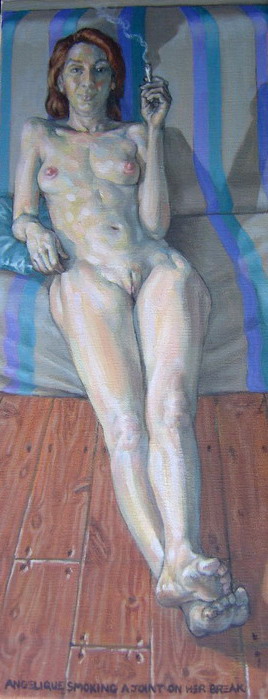 Nude, oil on canvas. Angelique smoking a joint on her break.