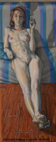 Painting, oil on canvas- Angelique smoking a joint on her break. 30 x 12 cm