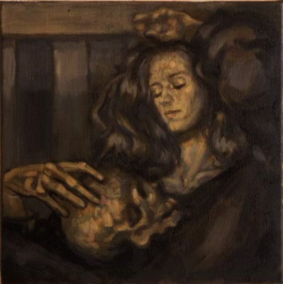 Portrait, oil on canvas. Isabel with skull. 