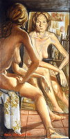 Painting, oil on canvas- Isabel with mirror. 50 x 20 cm