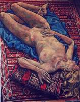 Painting, oil on canvas- Isabel on Moroccan carpet. 120 x 80 cm
