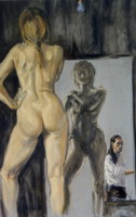 Painting, oil on canvas- Nude with self-portrait. 115 x 75cm