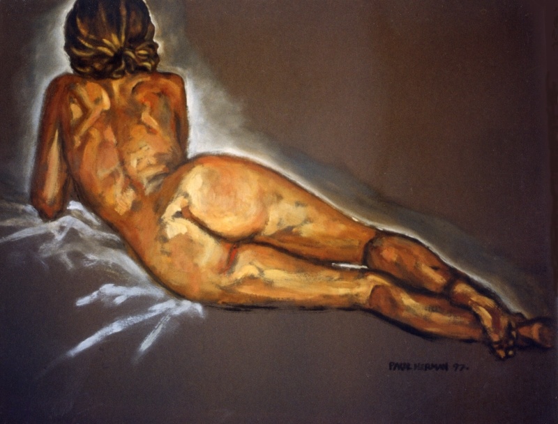 Nude, oils on pastel paper. Isabel watching television, 50 x 65 cm 