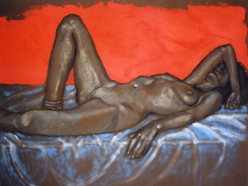 Nude, oils on pastel paper. Isabel, red background. 