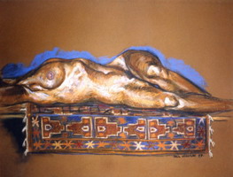 Painting, pastel on paper- Isabel & carpet, front. 50 x 65 cm