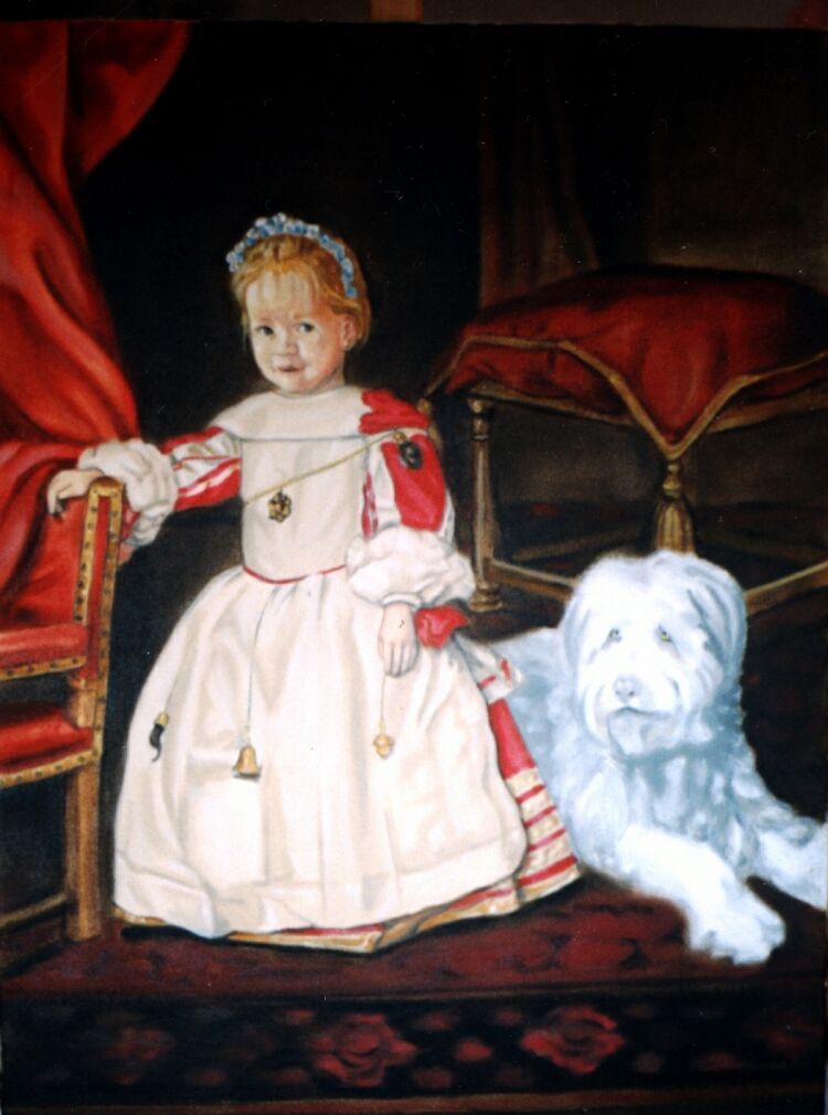 Portrait: Oil on canvas. Baroness Von Pfetten´s children as Meninas, each with one of the family dogs.