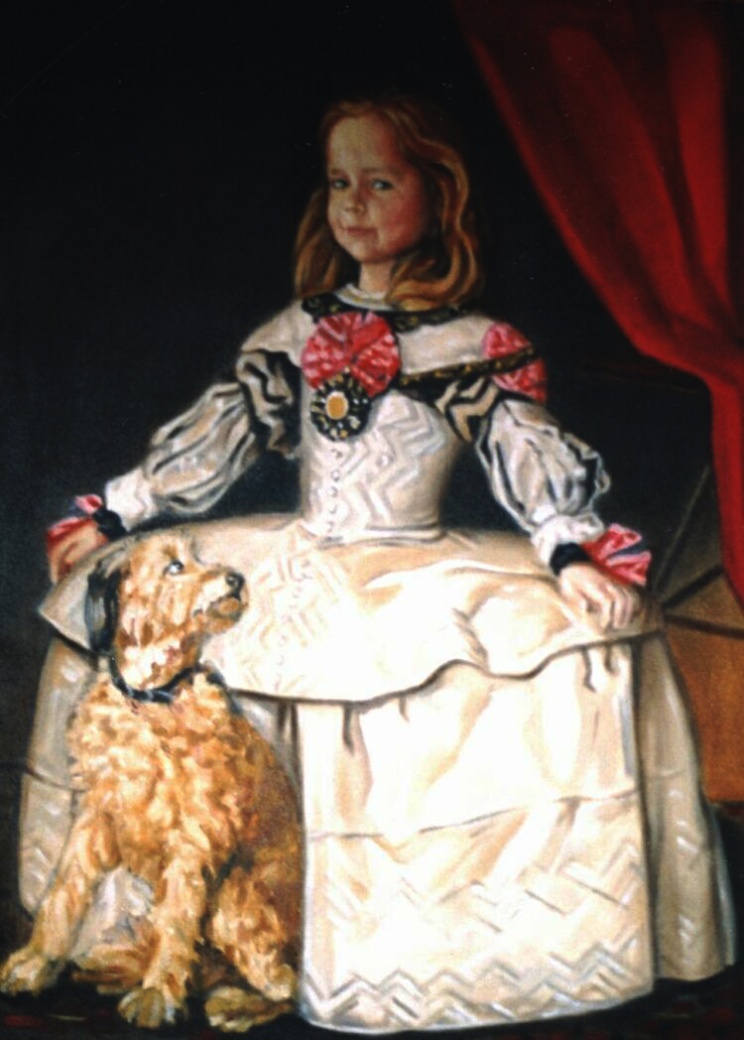 Portrait: Oil on canvas. Baroness Von Pfetten´s children as Meninas, each with one of the family dogs.