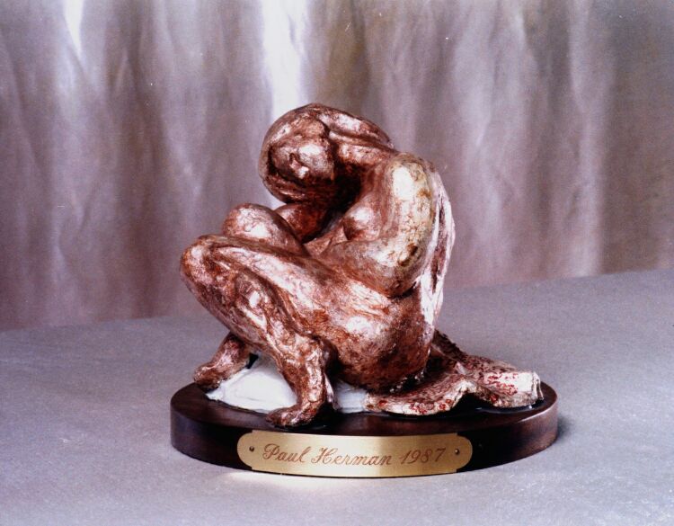 Sculpture: Clay figure w/silver leaf & oil paint polychroming, 18 cm (7 in) tall. 