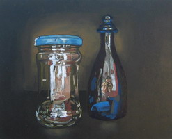 Jam Jar & self-portrait Oils on panel 8 x 10 inches