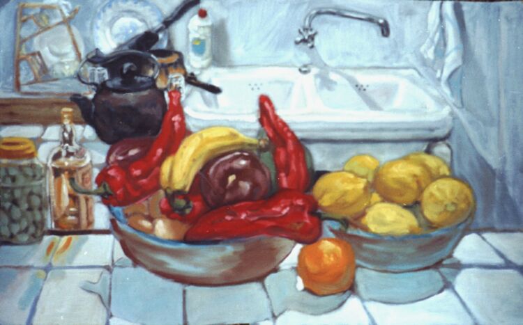 Painting, oils on paper. Still life with sweet peppers, Atalbeitar, Spain.