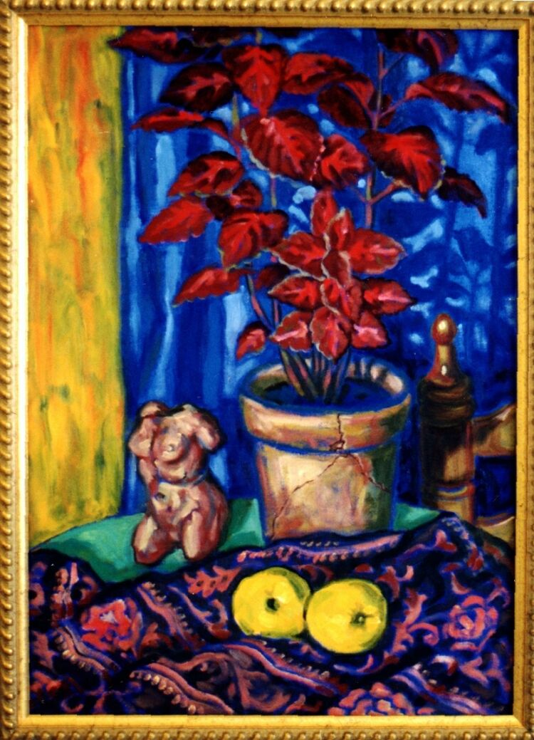 Painting, oils on canvas. Still life with the clay maquette I later turned to bronze (can be seen in 'Sculpture') 