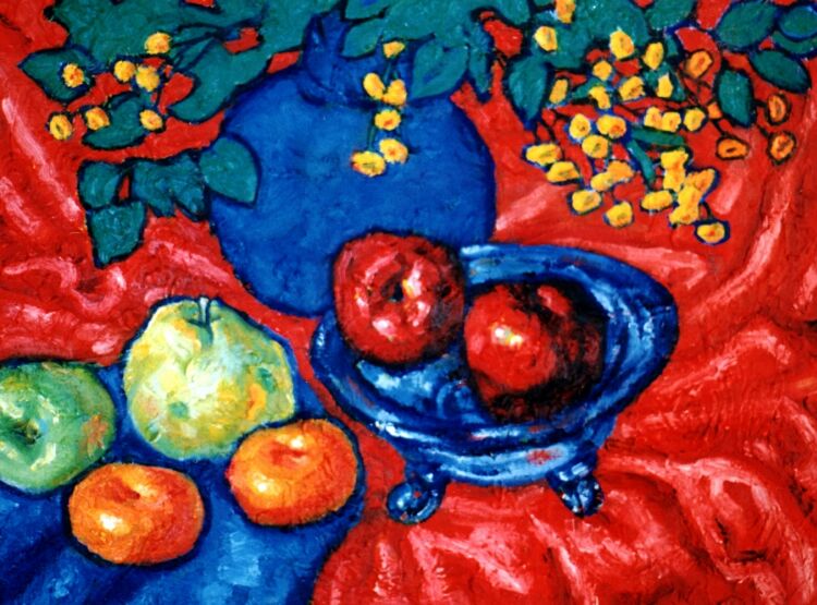 Painting, oils on canvas. Still life with red apples. 50 x 70 cm (20 x 28 in) 