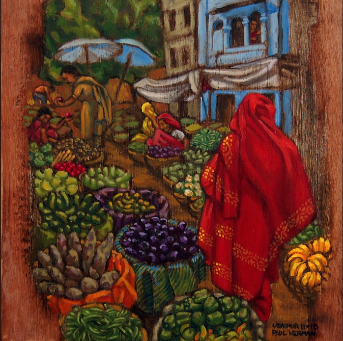 Udaipur market. Oils on wood board 12 x 12 inches (30 x 30 cm) Paul Herman 11/10