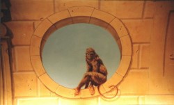 Some details added to break up the symmetry of the discreet mural, (meant to open the room up vertically more than draw the eye) a pensive monkey sits in one of the painted stone openings.